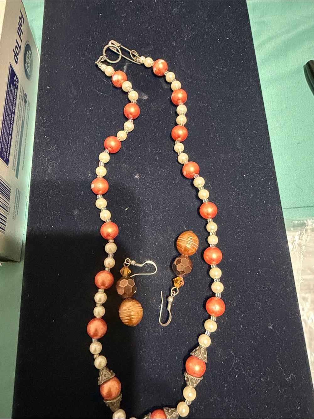 Handcrafted Orange and Cream Bead Necklace & Earring Set